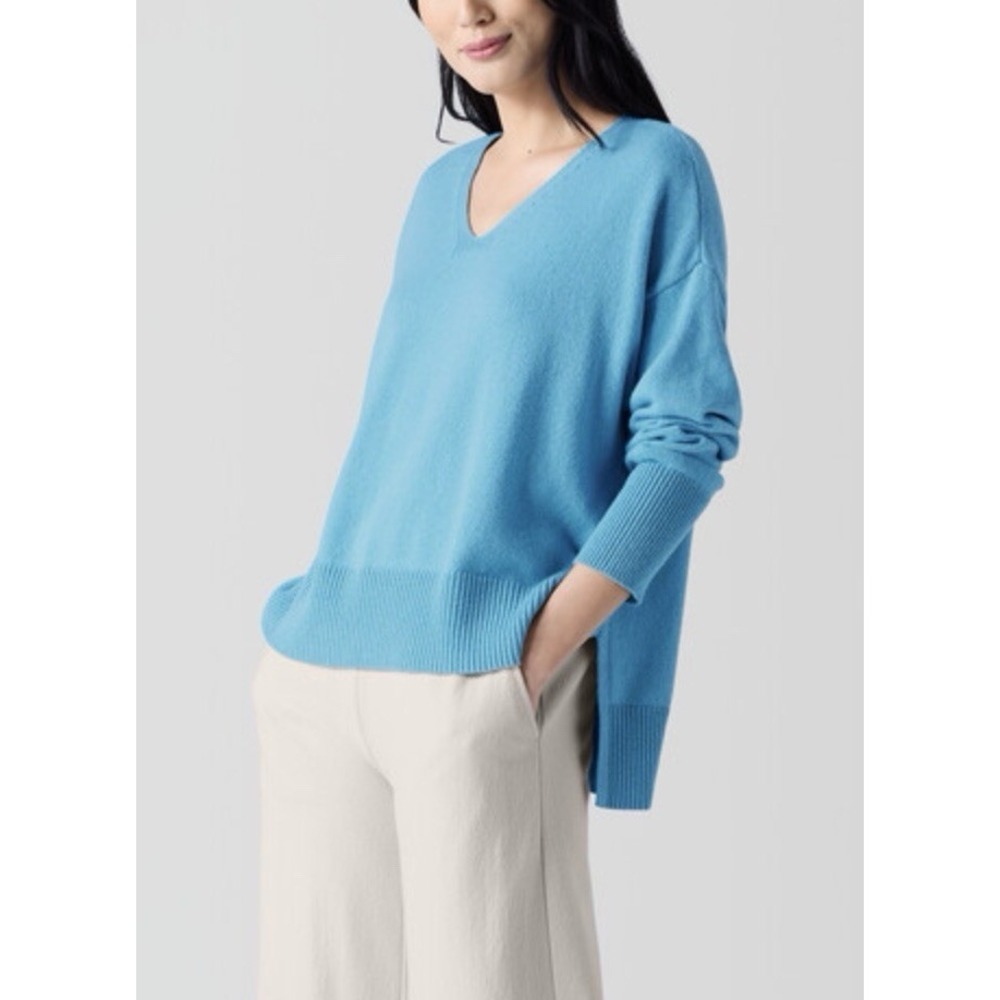 NWT Eileen Fisher Sweater 2X Aqua V-Neck Cotton Cashmere Coastal Quiet Luxury